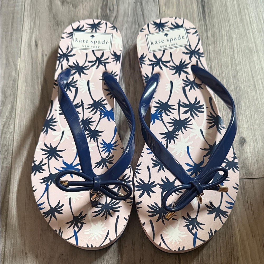 Kate Spade Blue and Pink Palm Flip Flops